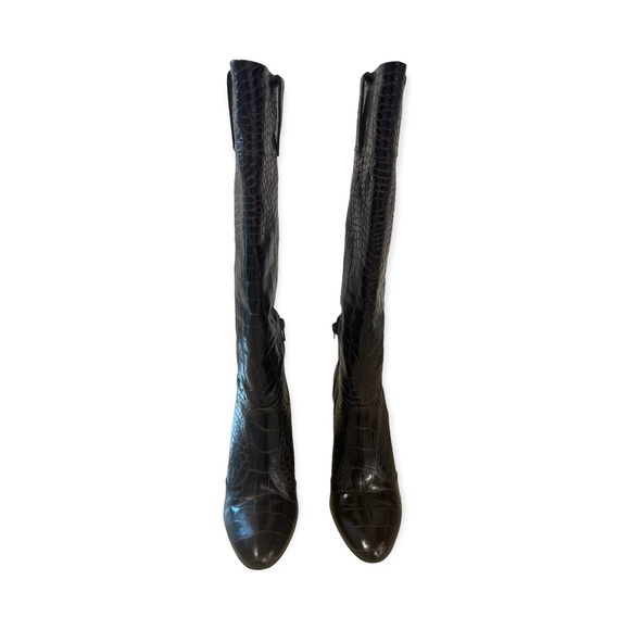 Embossed Animal Print Designer Brown Leather Wedge Heel Knee Boots - Picture 2 of 6